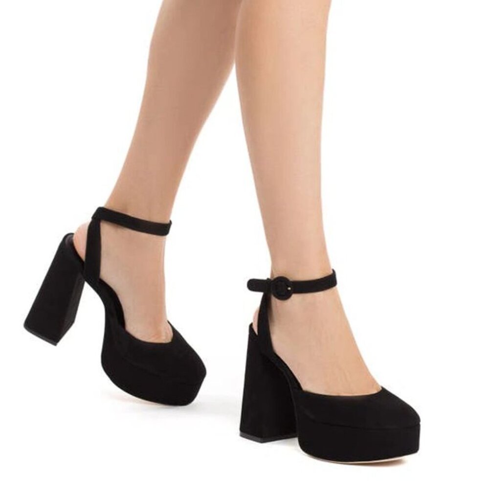 Larroude Ari Ankle Strap Chunky Platform Pumps Size 9 Black Suede Leather $350
